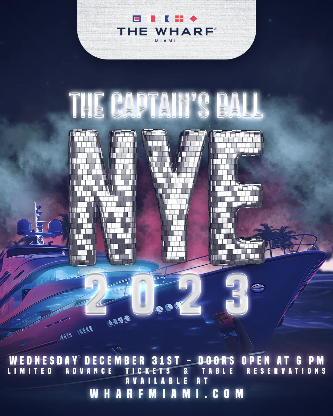 The Captain’s Ball promotional artwork for The Wharf Miami, with illuminated NYE lettering.