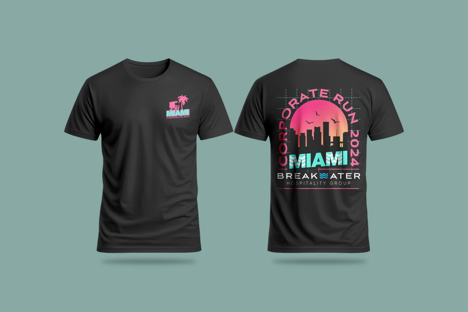 Front and back black T-shirt mockups with Miami Corporate Run 2024 graphics.
