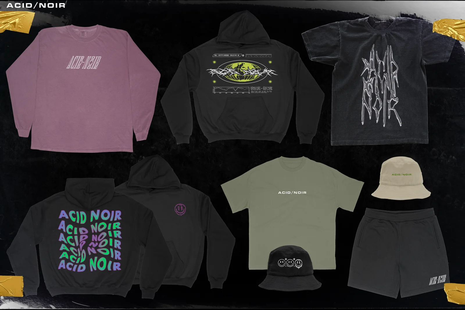 Acid : Noir collection spread showing graphic hoodies, T-shirts and a bucket hat on black.