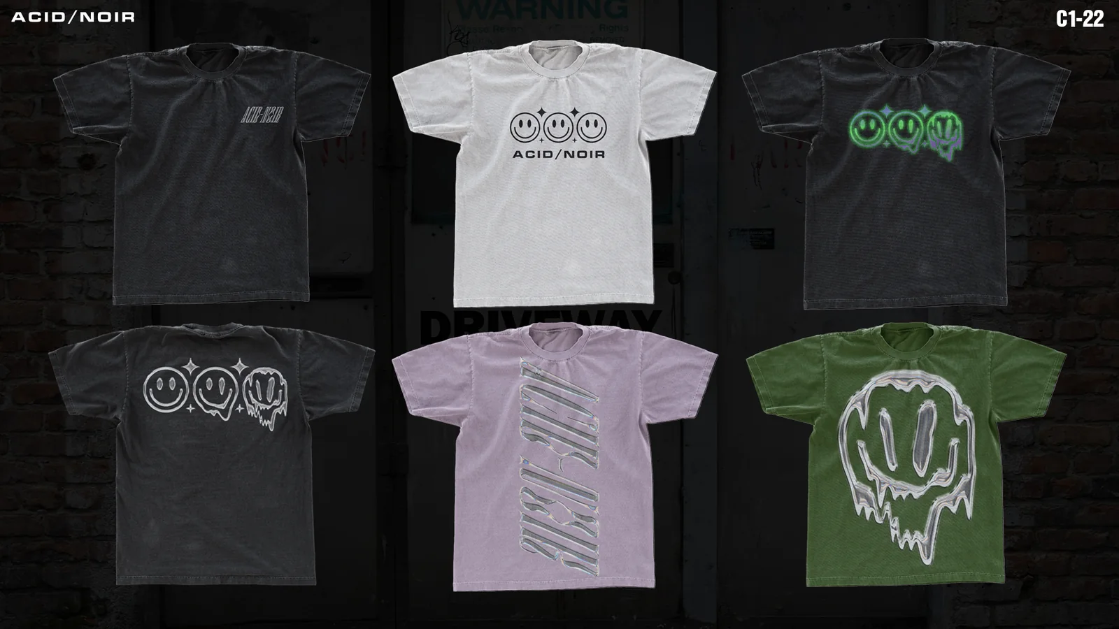 Six Acid : Noir graphic T-shirt designs in black, white, lavender and green.