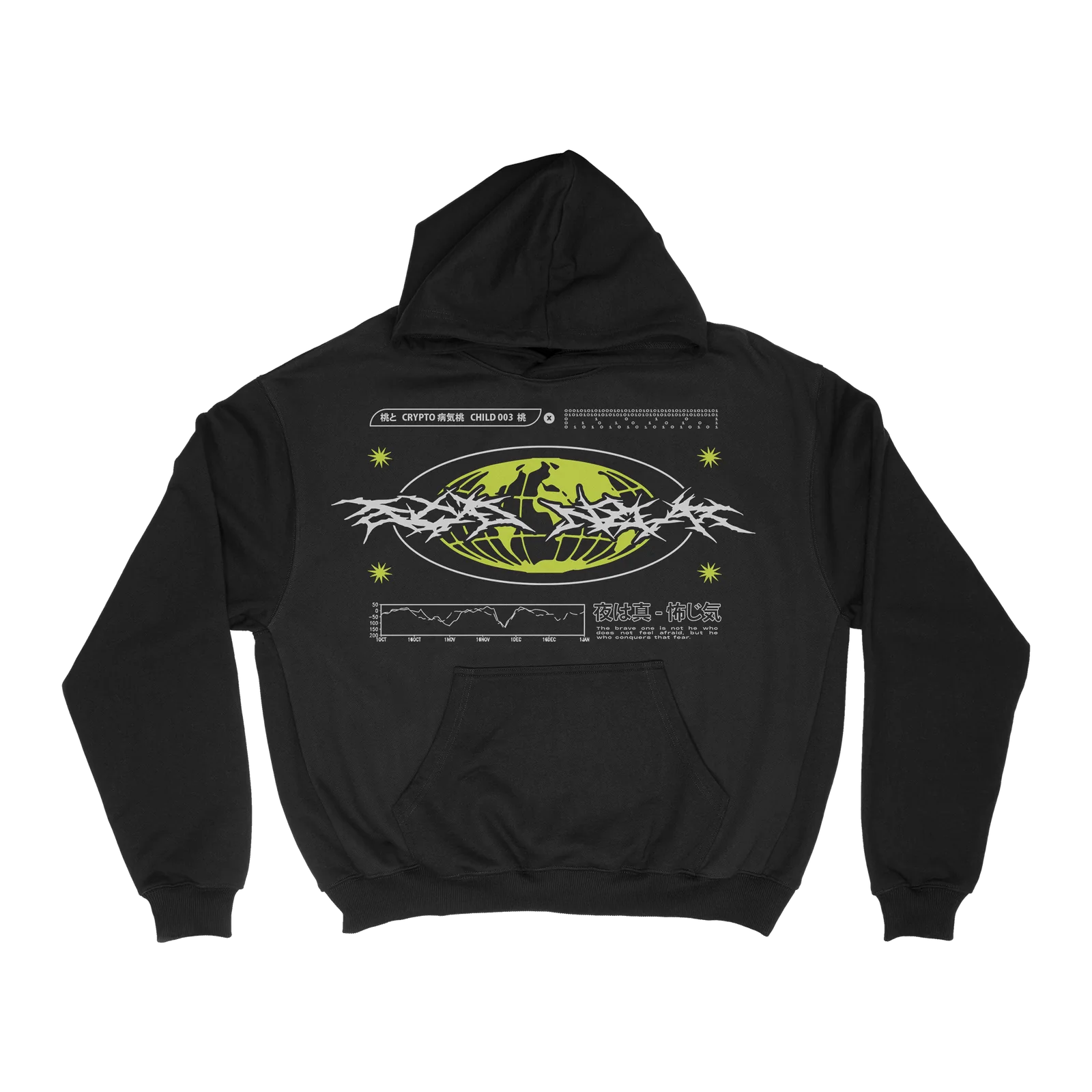 Black Acid : Noir hoodie with a lime-green orbit graphic and white lettering across the back.