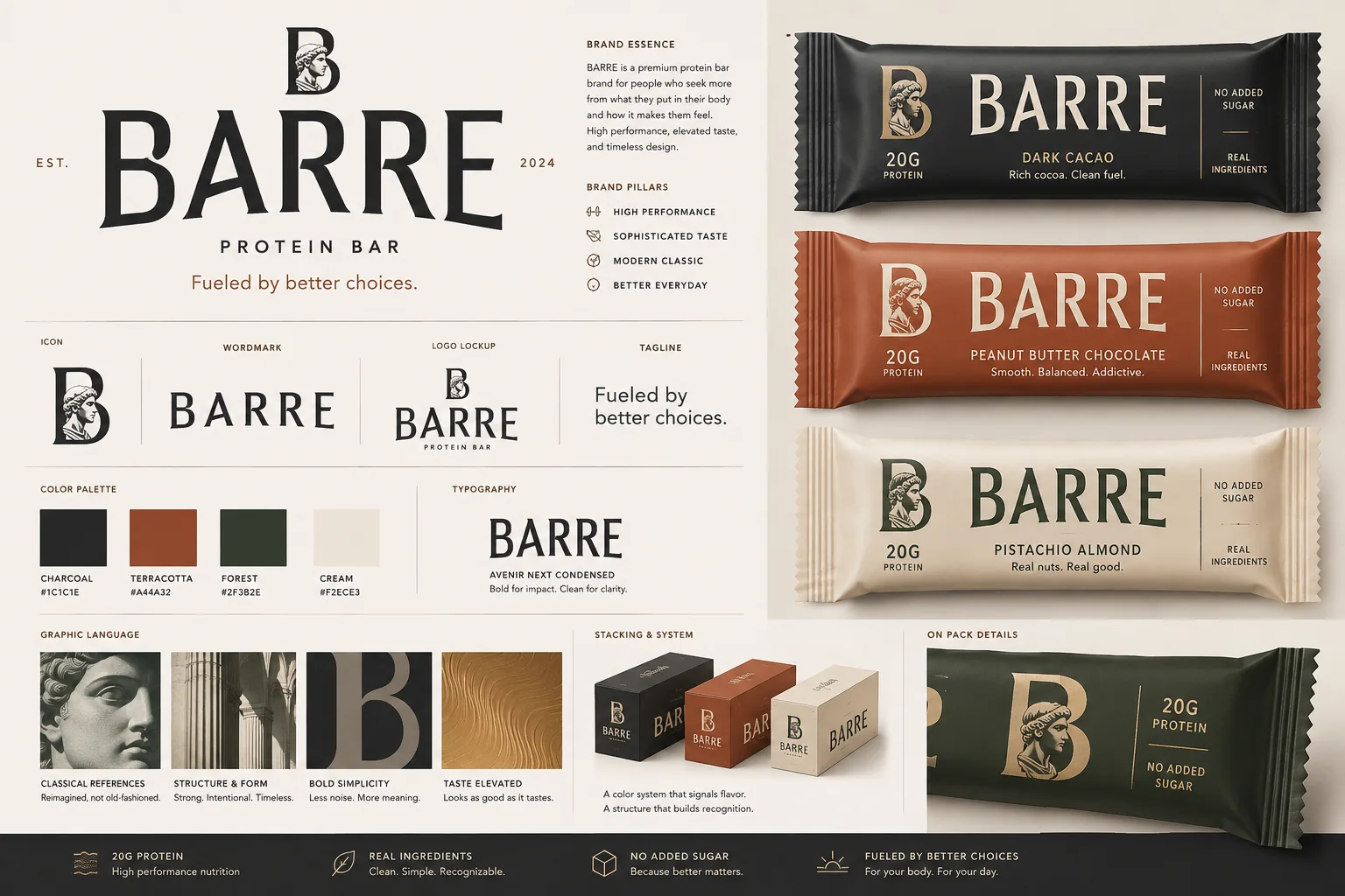 BARRE concept identity board with wordmarks, a color palette and protein-bar packaging mockups. AI-assisted visualization.