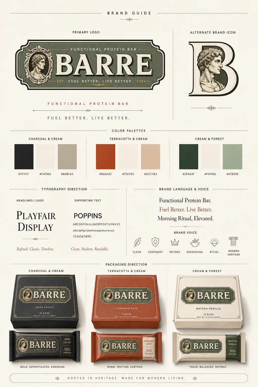 BARRE concept brand board showing the wordmark, monogram, palette, typography and packaging. AI-assisted visualization.
