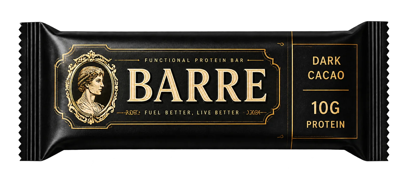 BARRE Dark Cacao concept wrapper in black and gold. AI-assisted mockup.