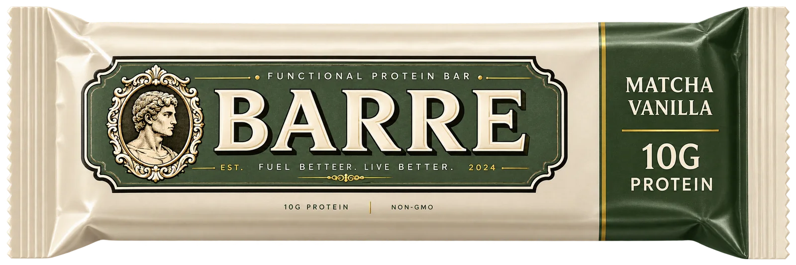 BARRE Matcha Vanilla concept wrapper in green, cream and gold. AI-assisted mockup.