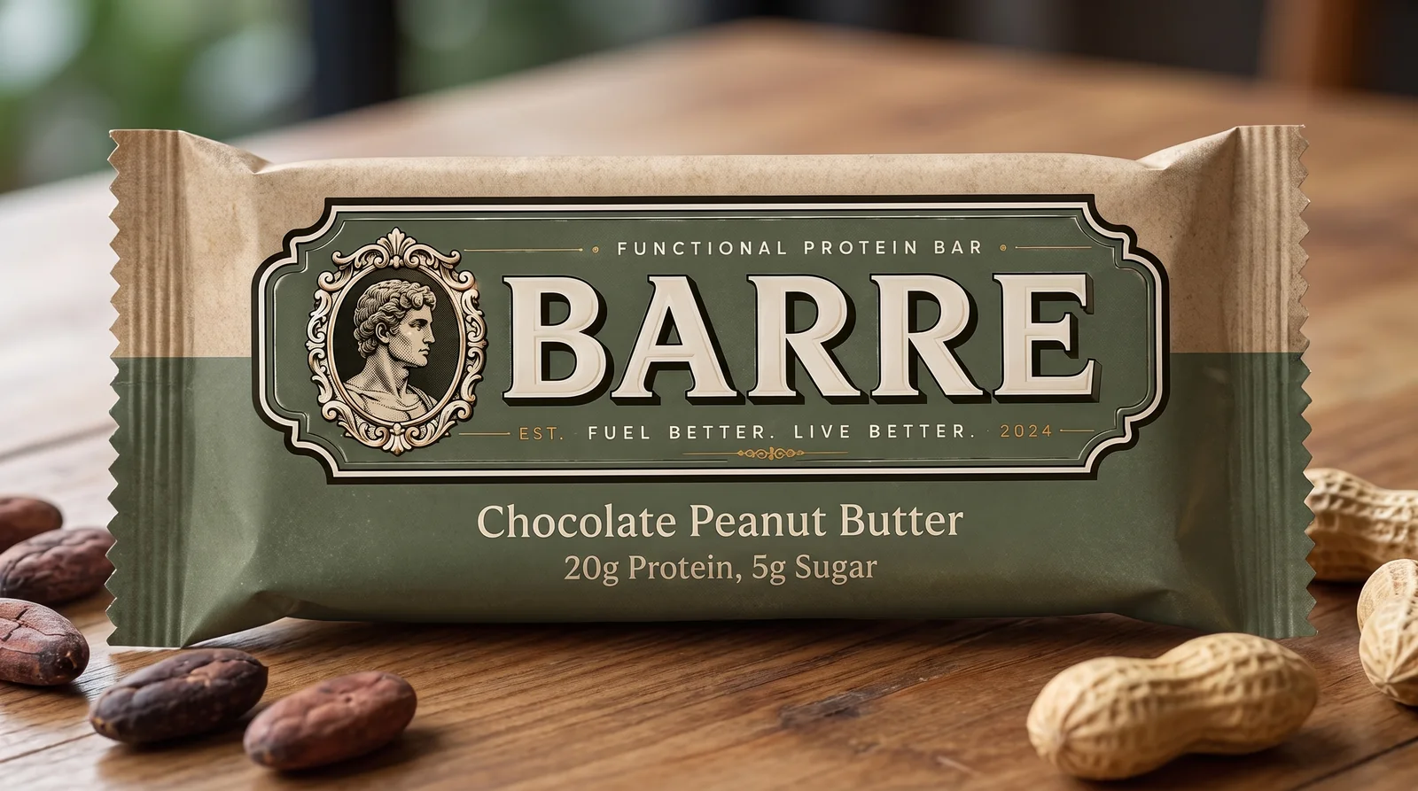 BARRE concept bar in a tabletop scene with chocolate and nuts. AI-assisted visualization.