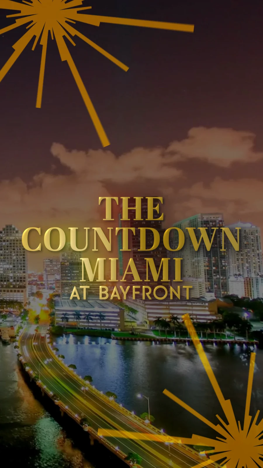 Gold Countdown Miami title over Bayfront Park in the NYE artist promo.