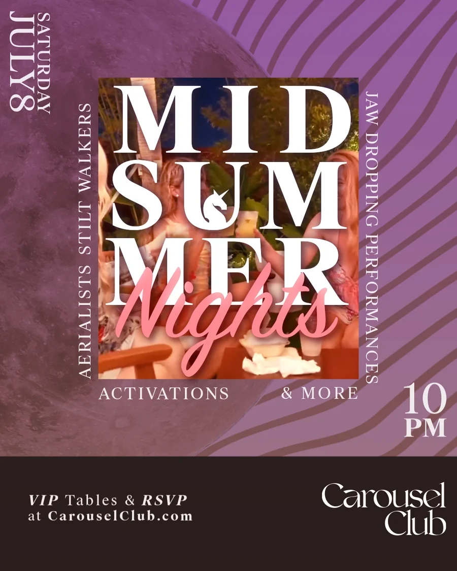 Carousel Club Midsummer Nights poster with layered oversized lettering and a purple and pink event composition.