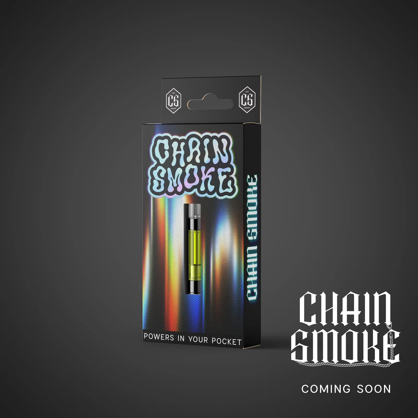 Chain Smoke cartridge packaging mockup with multicolored vertical graphics on a dark background.