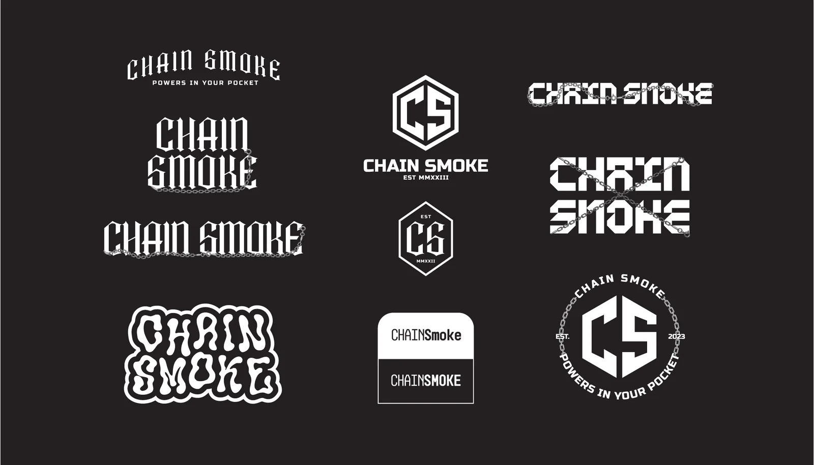Chain Smoke wordmark and monogram explorations arranged in white on a dark background.