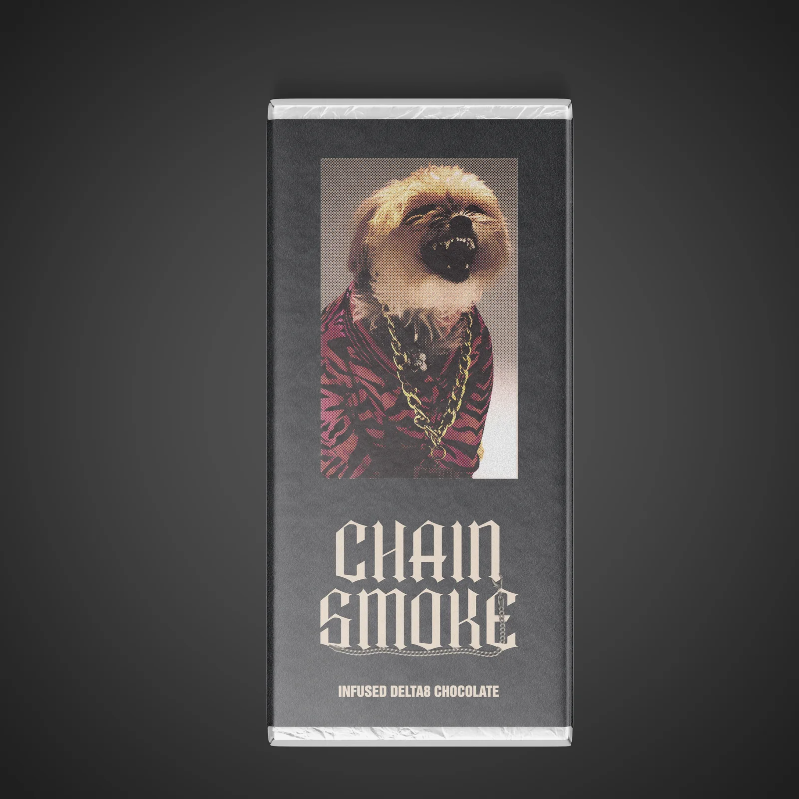 Chain Smoke chocolate packaging mockup with a portrait graphic and stacked white wordmark.