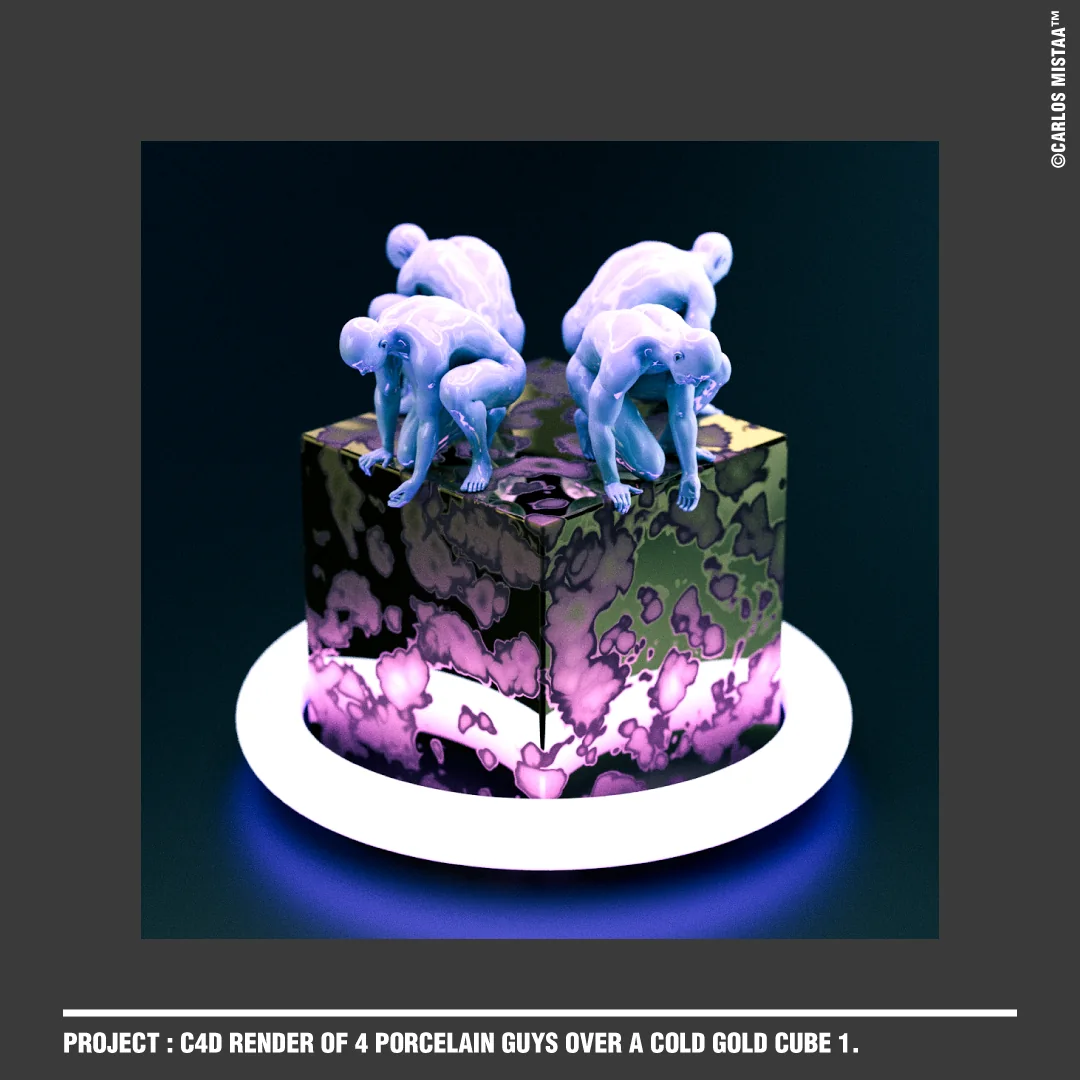 Experimental render of four pale porcelain figures posed around a reflective cube on a round plinth.