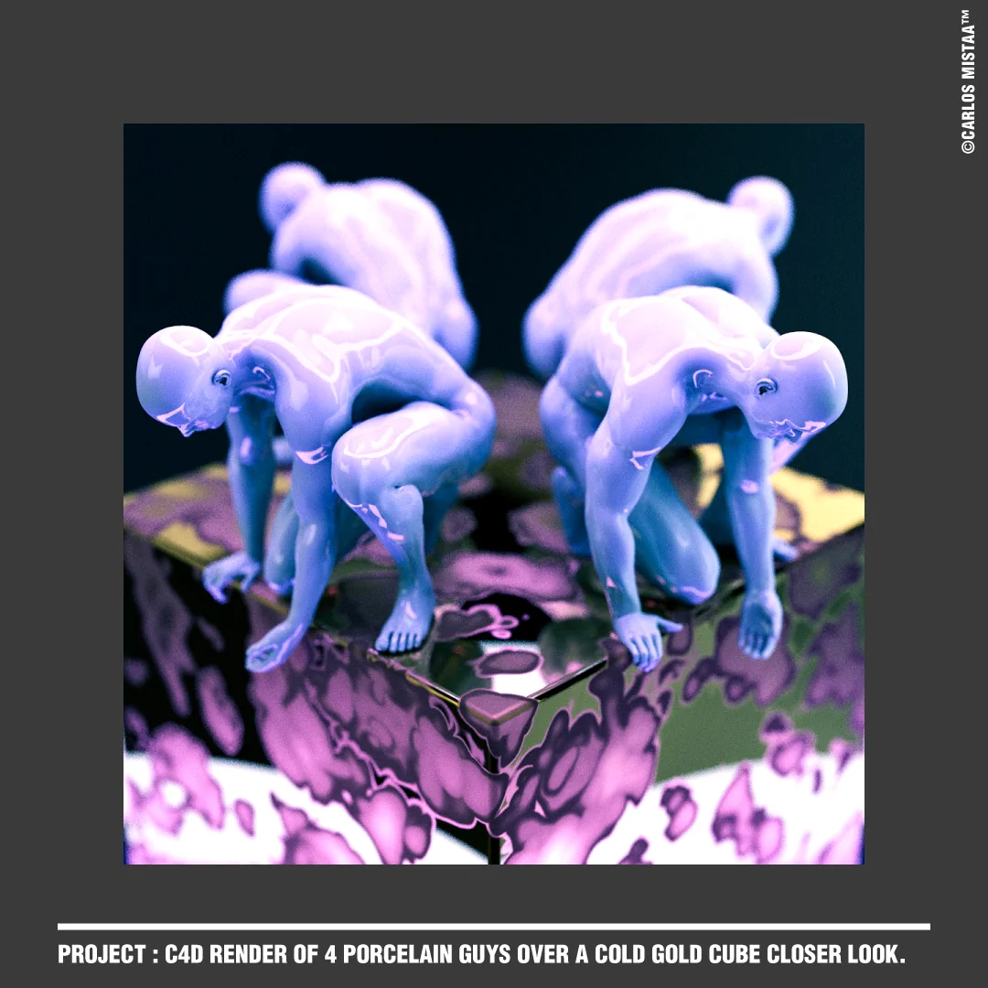 Close-up render of pale porcelain figures surrounding a purple reflective cube.
