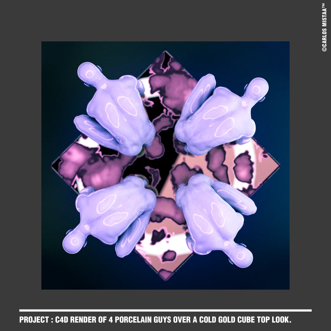 Overhead render of four porcelain figures arranged symmetrically around a reflective cube.
