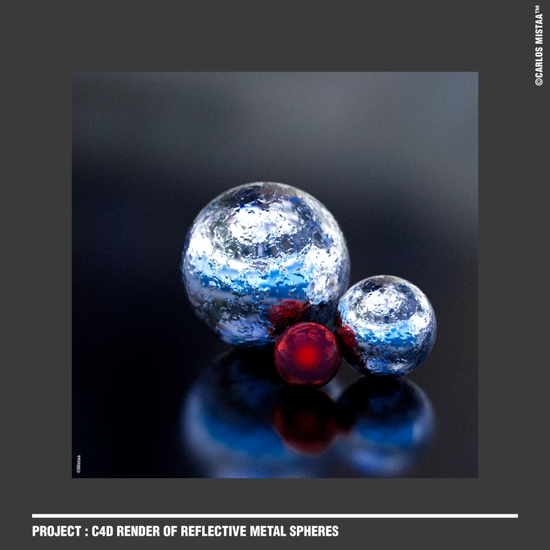 Reflective blue and silver spheres with smaller red spheres on a dark glossy surface.