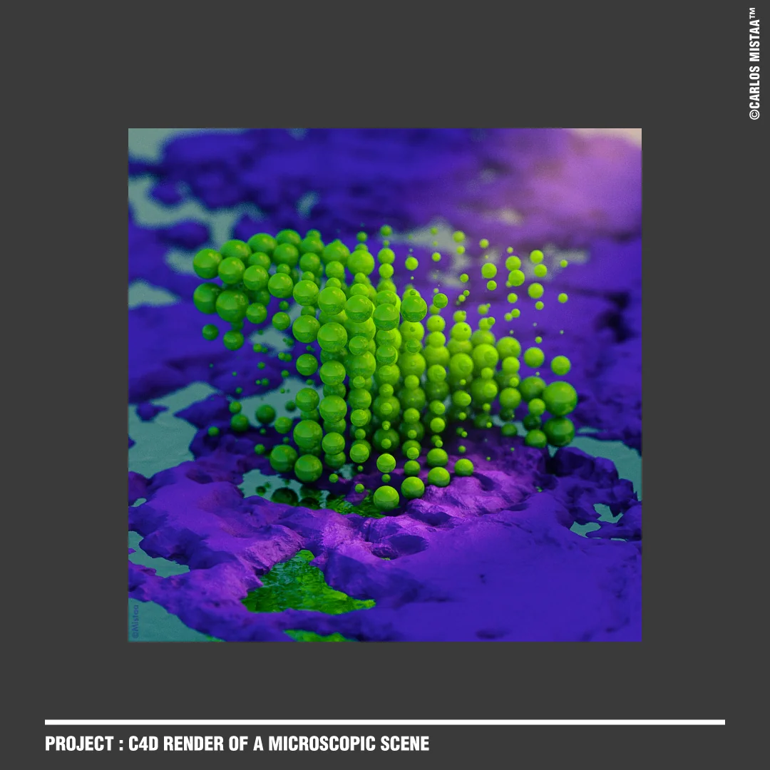 Experimental microscopic scene with a cluster of bright green spheres above a purple textured surface.