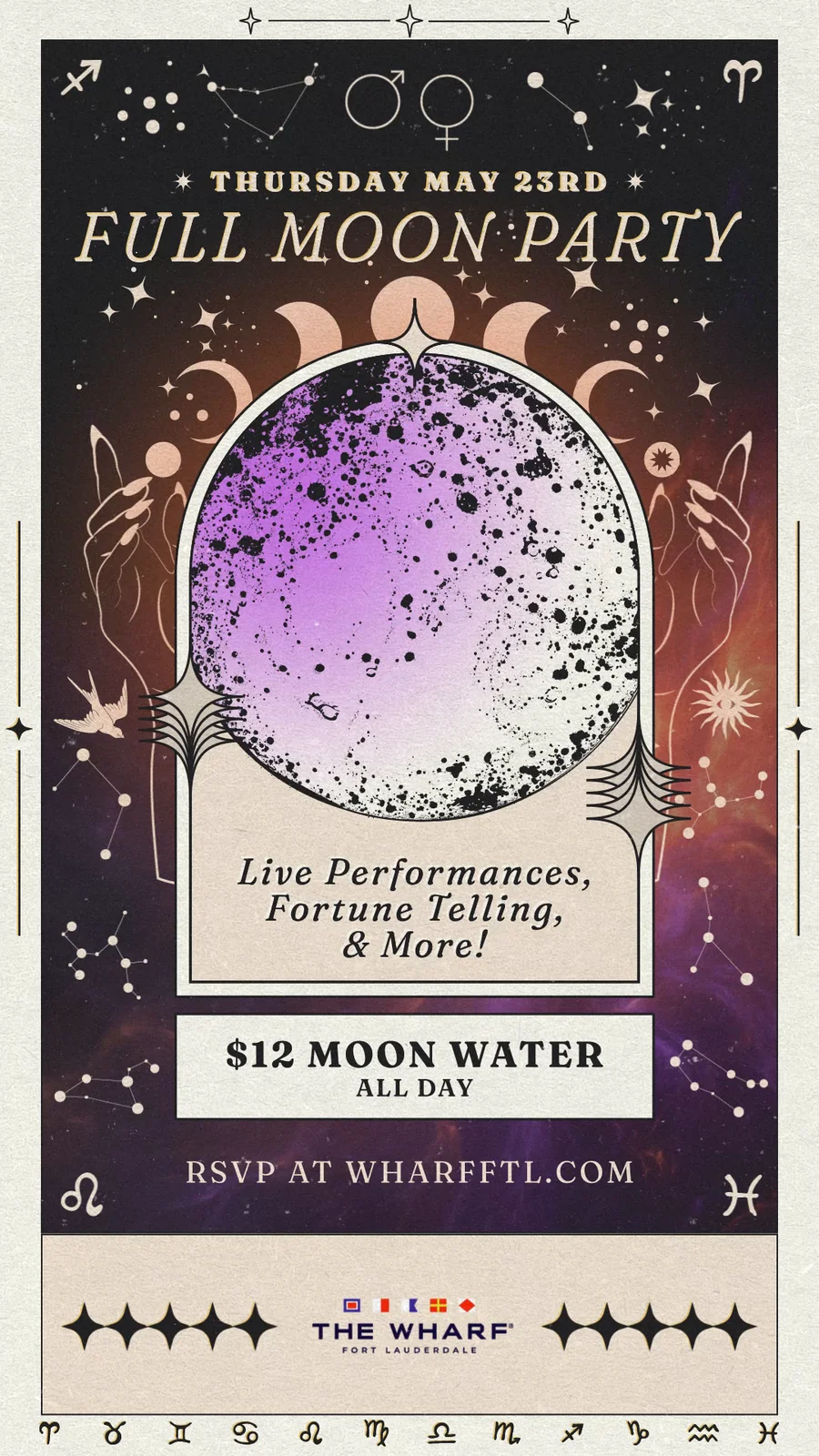 Full Moon Party animated poster with celestial ornament, a luminous purple moon, and an ivory border.