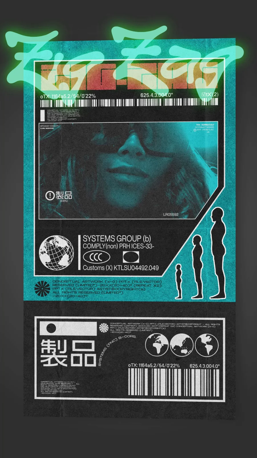 Teal Zig-Zag motion poster with luminous lettering, portrait footage, and graphic label details.