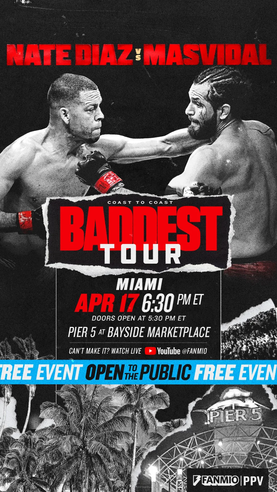 Animated fight-event poster with Nate Diaz and Jorge Masvidal, red headline lettering, and event information.