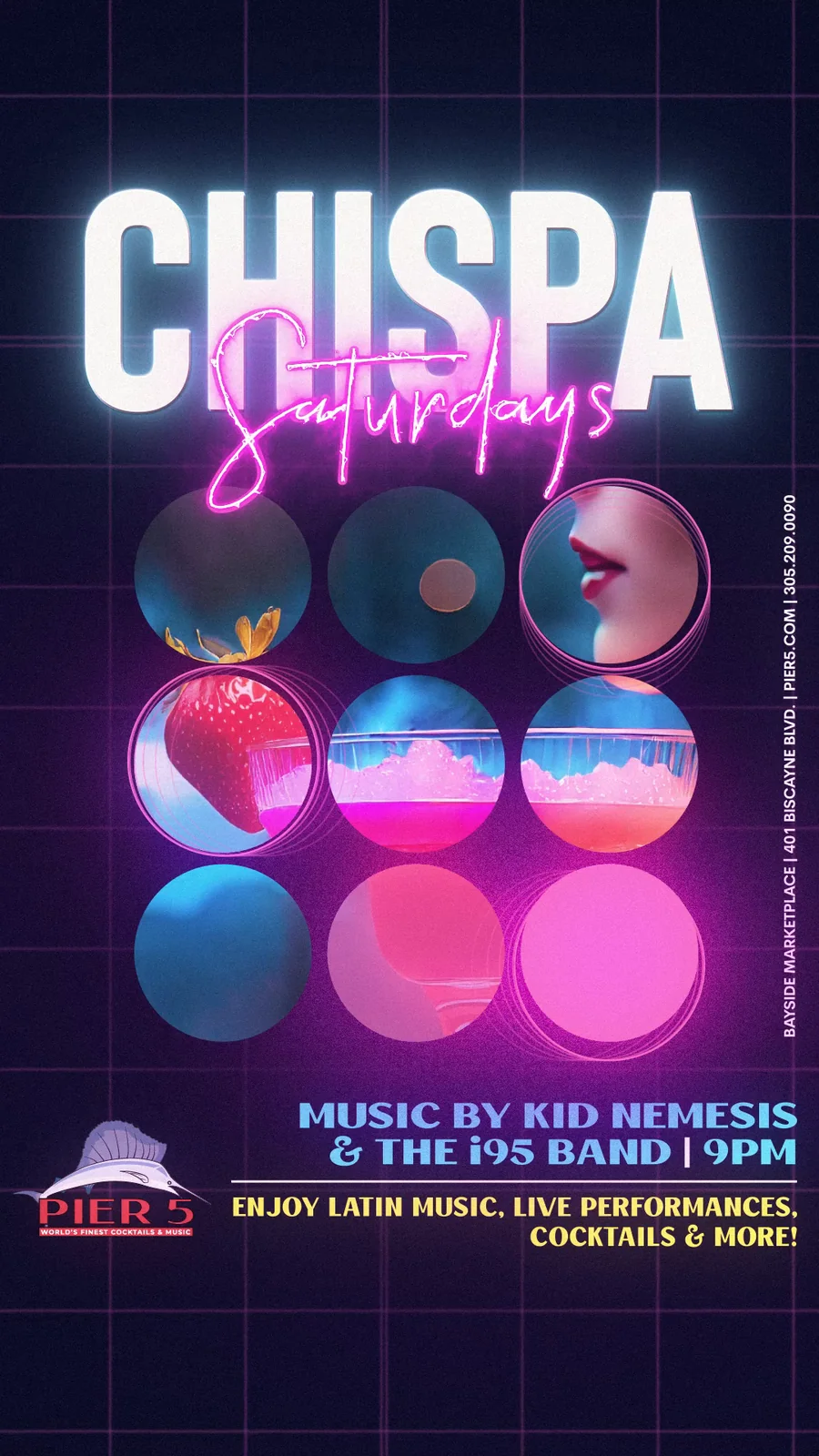 Chispa Saturdays animated poster with a neon pink script, bold white headline, and a grid of colorful circular scenes.