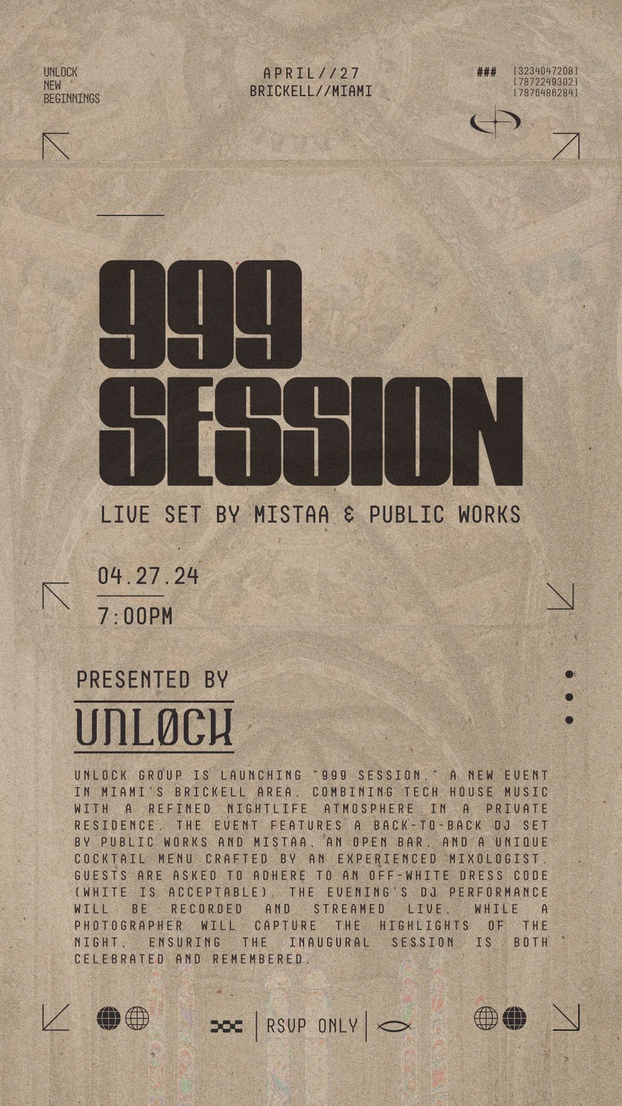 999 Session event poster with bold black typography on a warm architectural background.