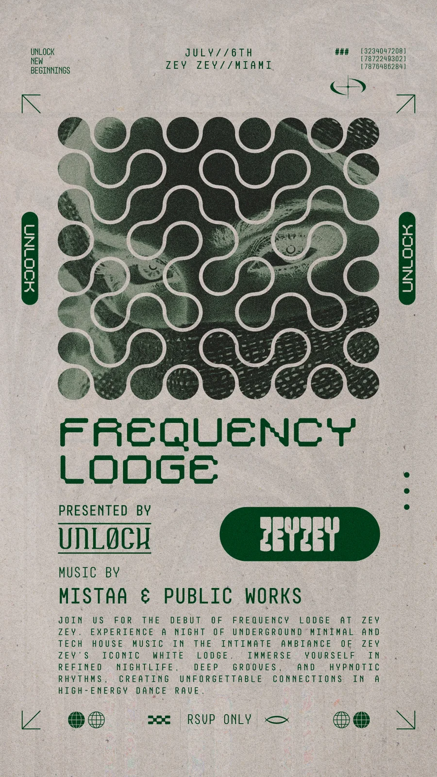 Frequency Lodge event poster with green flowing forms and Unlock Group branding.