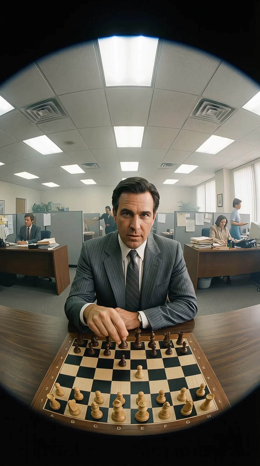 An office scene and chessboard from M+M — The Worst Ad Ever.